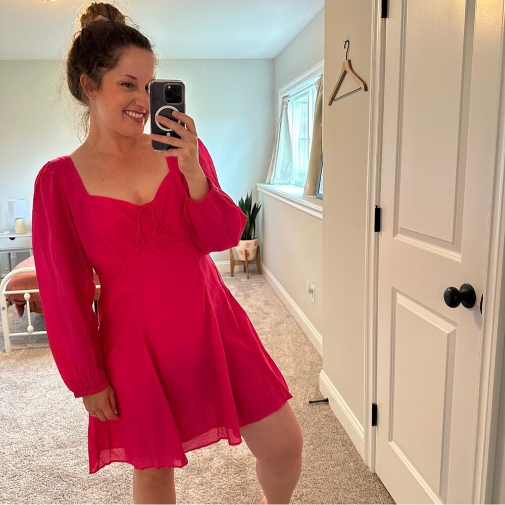 NWT J. Crew Hot Pink Cotton Smocked Long Sleeve Mini Dress 12